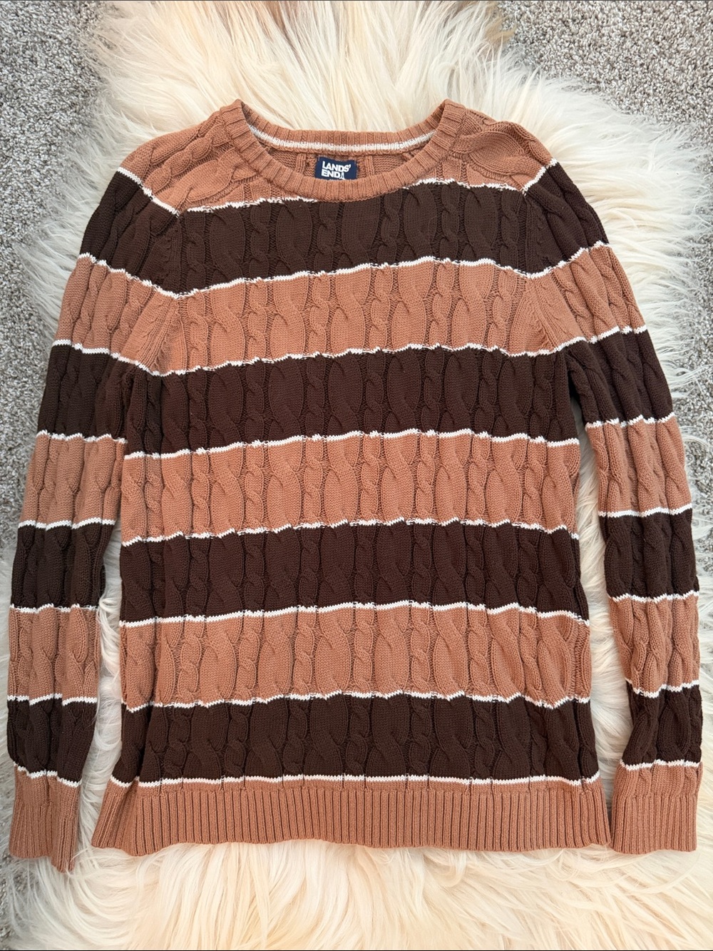 Lands' End Cable Knit Striped Sweater in Brown and Tan